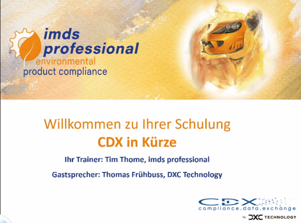 Schulungseinladung von IMDS Professional zu CDX, präsentiert von Tim Thome (IMDS Professional) und Gastsprecher Thomas Frühbuss (DXC Technology).